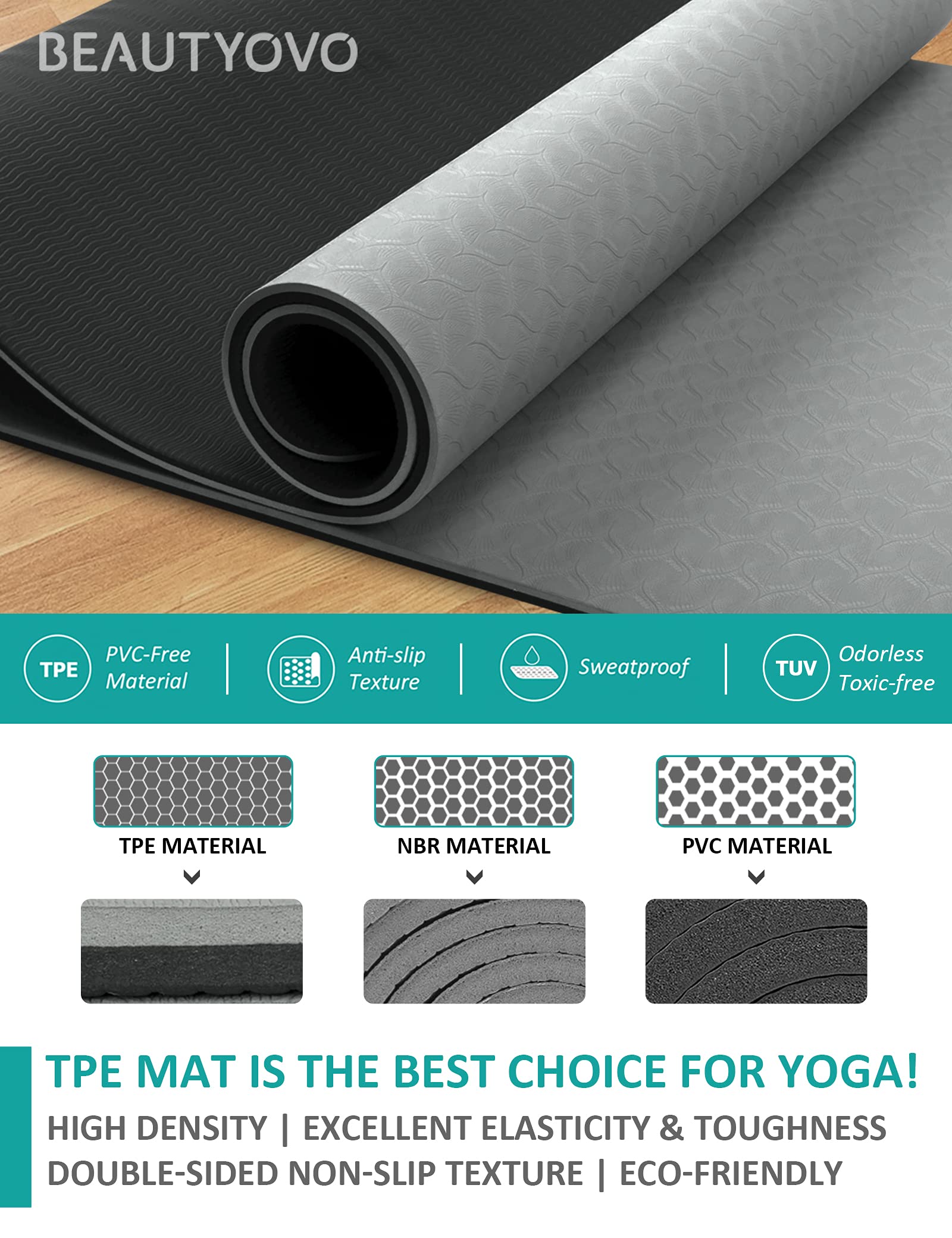 BEAUTYOVO mat packed in gym bag ready for studio or travel convenience