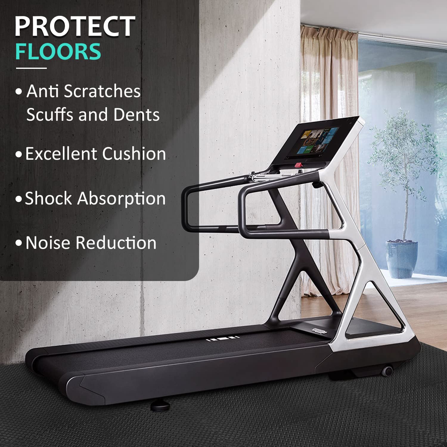 BEAUTYOVO gym setup with equipment on tiles demonstrating stable, cushioned workout surface