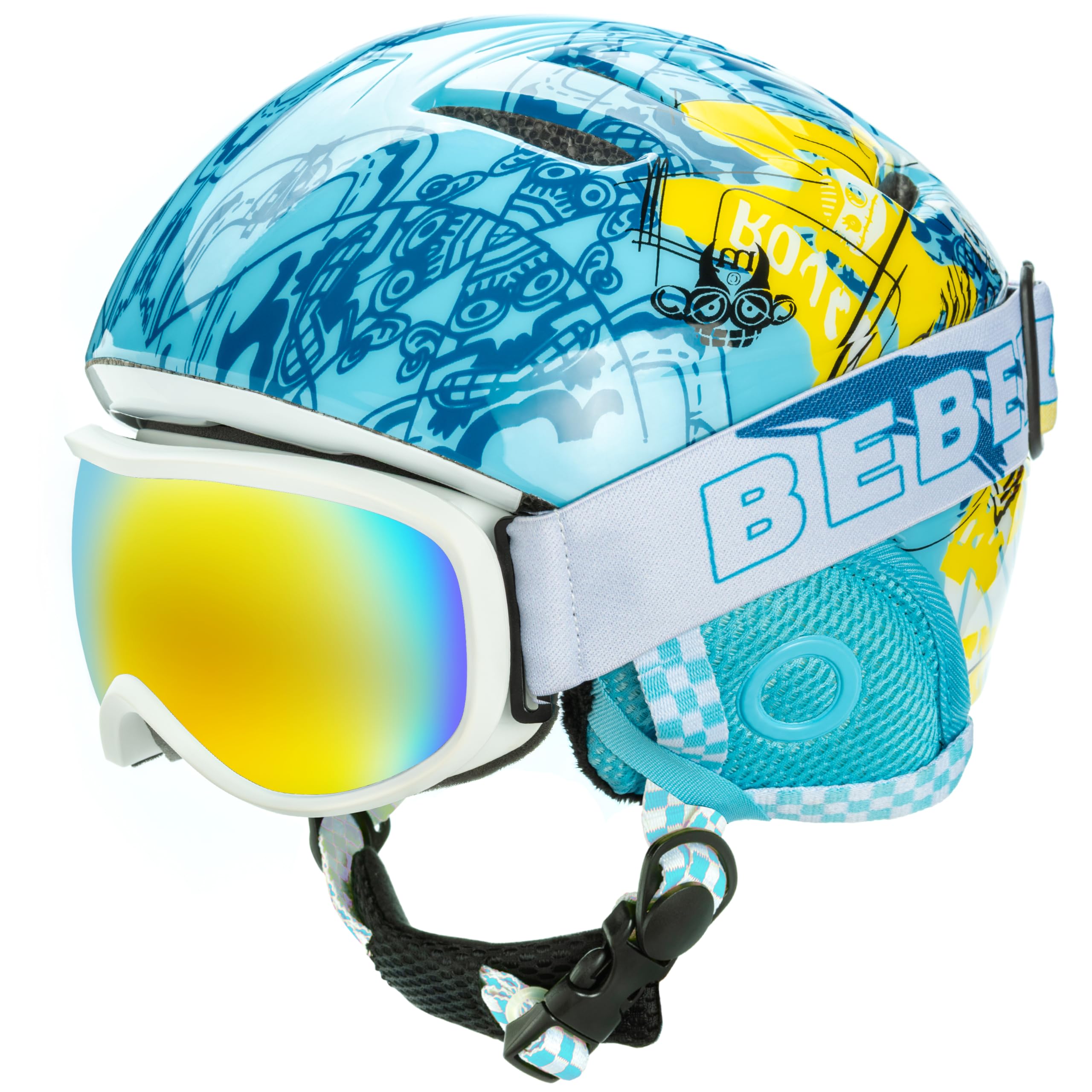 BeBeFun helmet and goggles front view showing protective set benefits