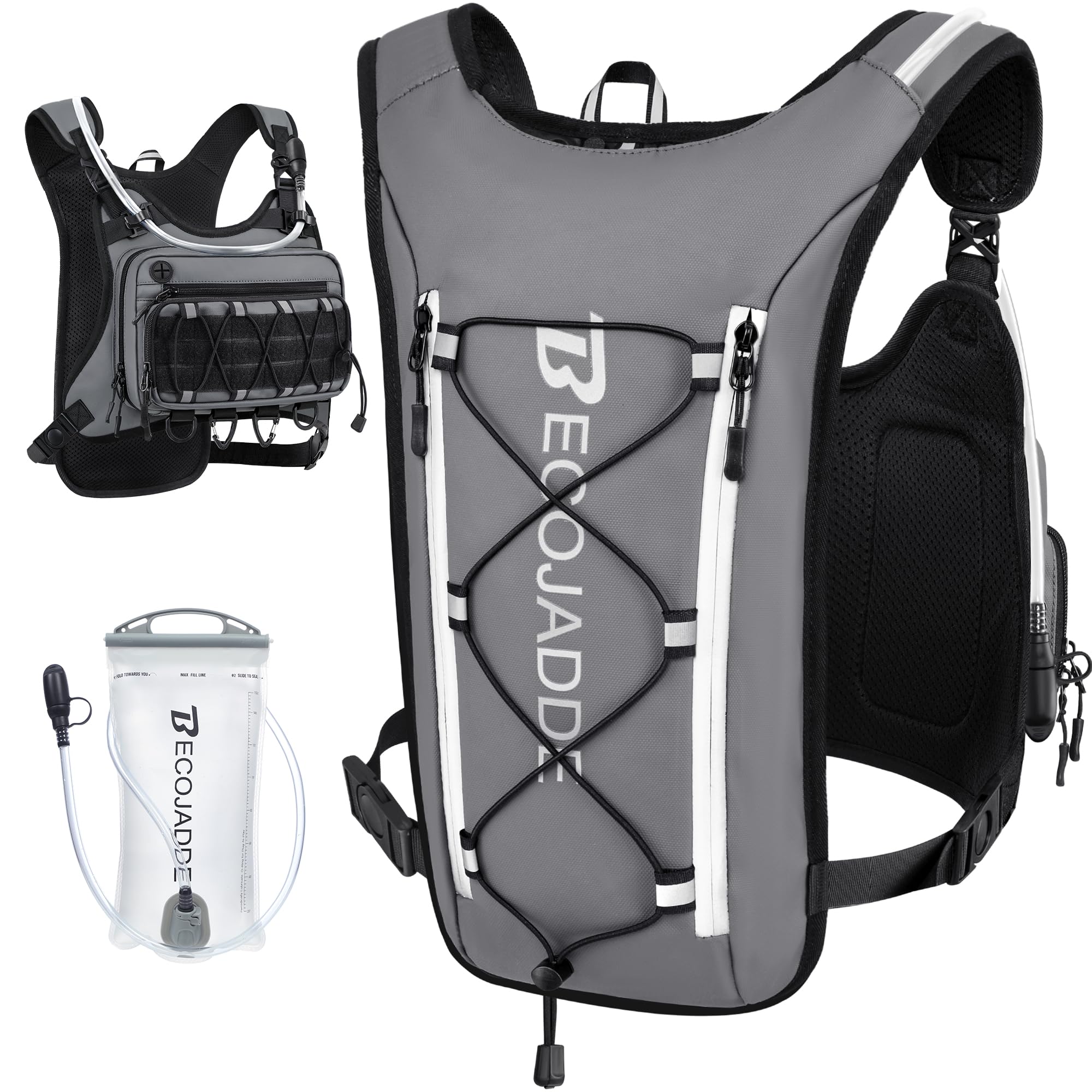 BECOJADDE front view of vest showing compact hydration and organized pockets benefit