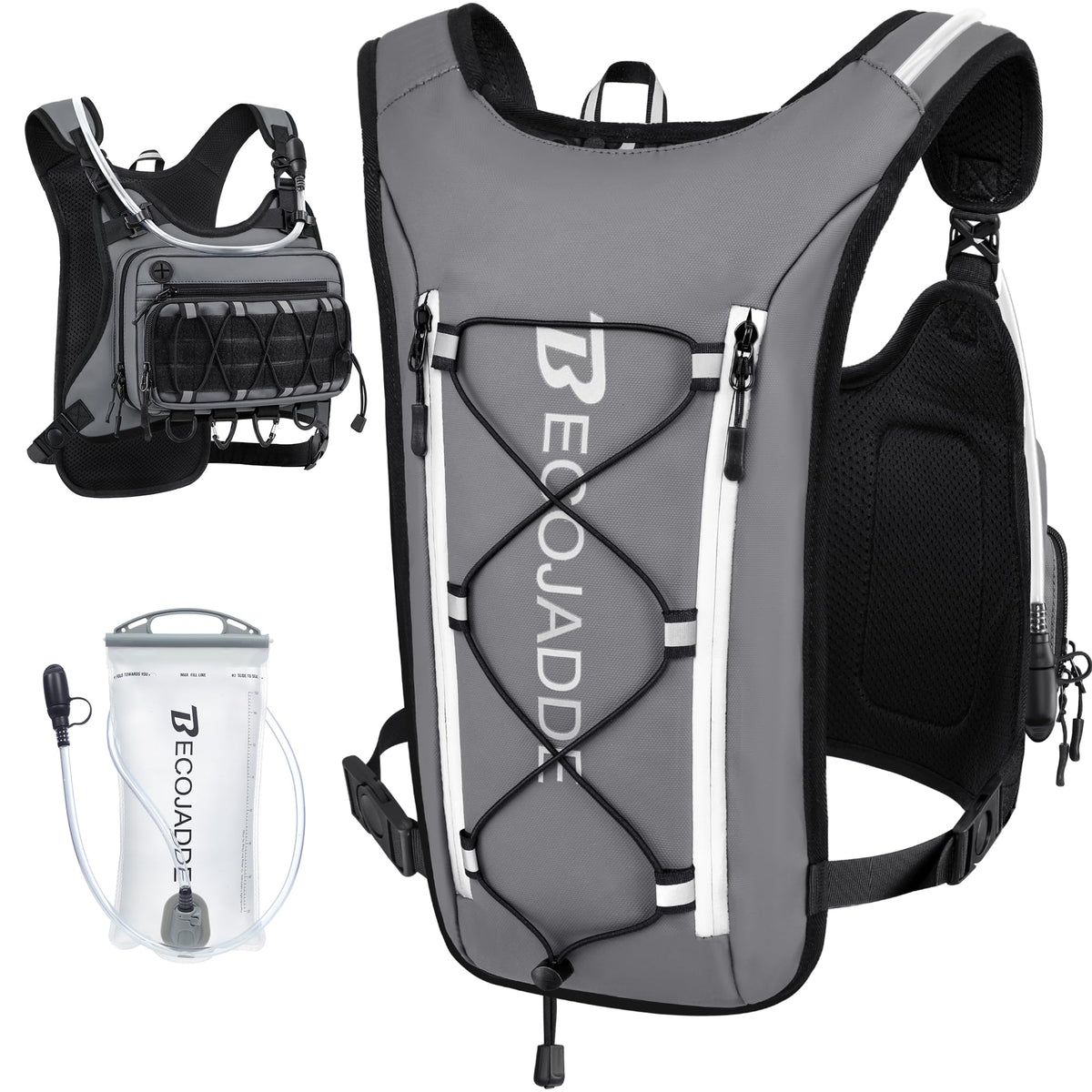 BECOJADDE front view of vest showing compact hydration and organized pockets benefit