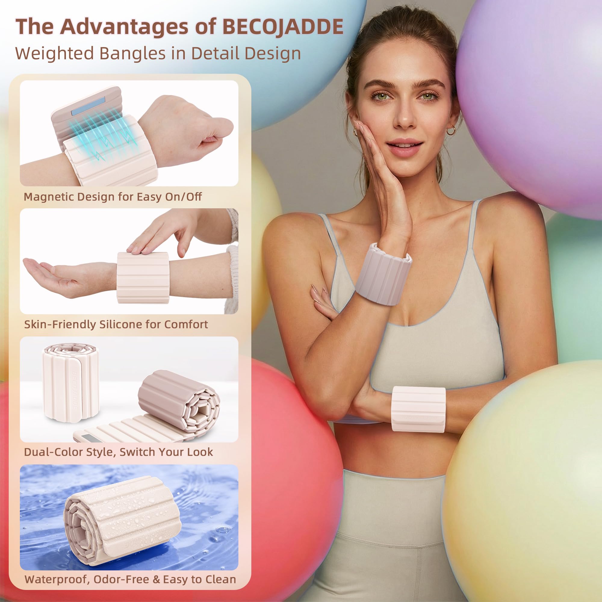 BECOJADDE bands stacked together showing adjustable weight convenience