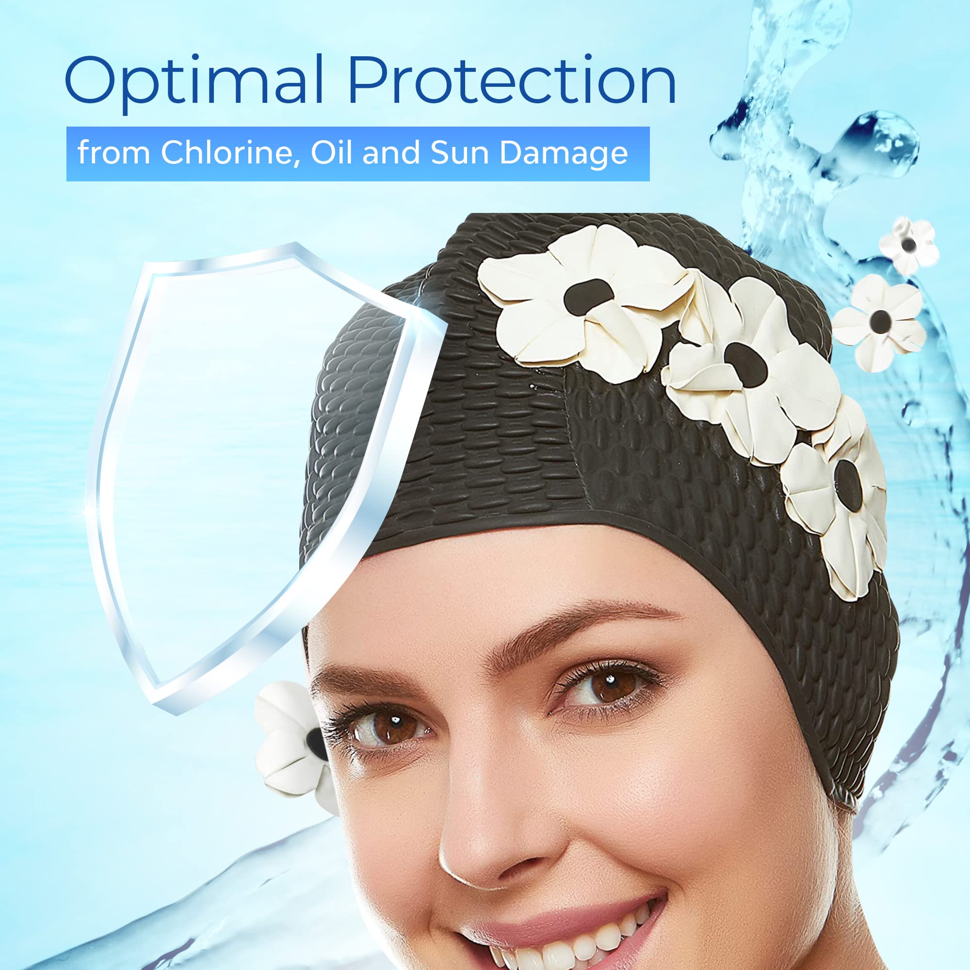 BEEMO cap worn in pool with goggles illustrating secure swim performance