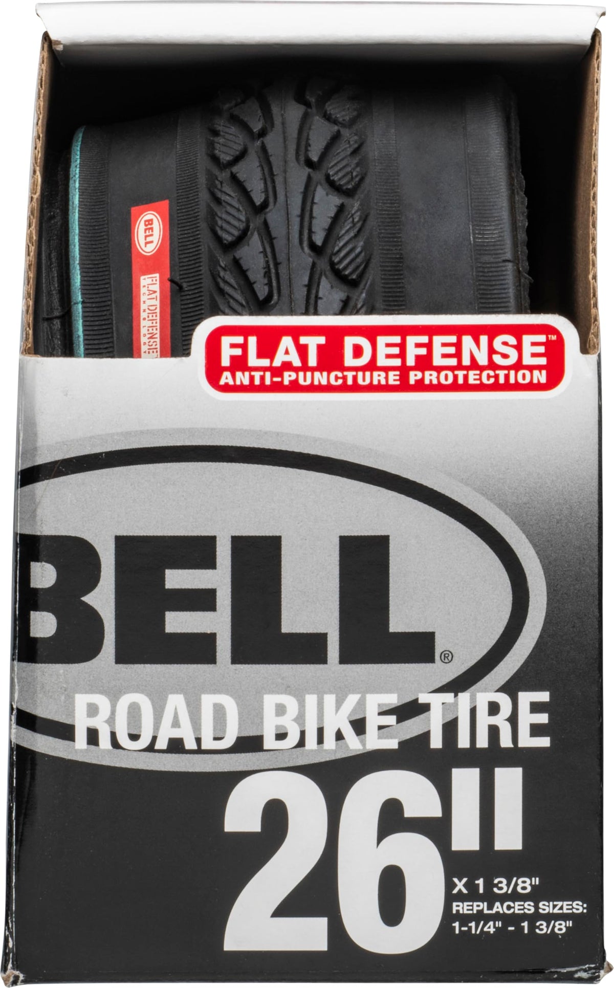 Bell front view of tire and sidewall showing size and durable construction