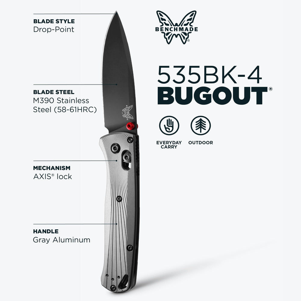 Benchmade Bugout close-up of M390 blade edge illustrating fine grind and corrosion resistance benefit
