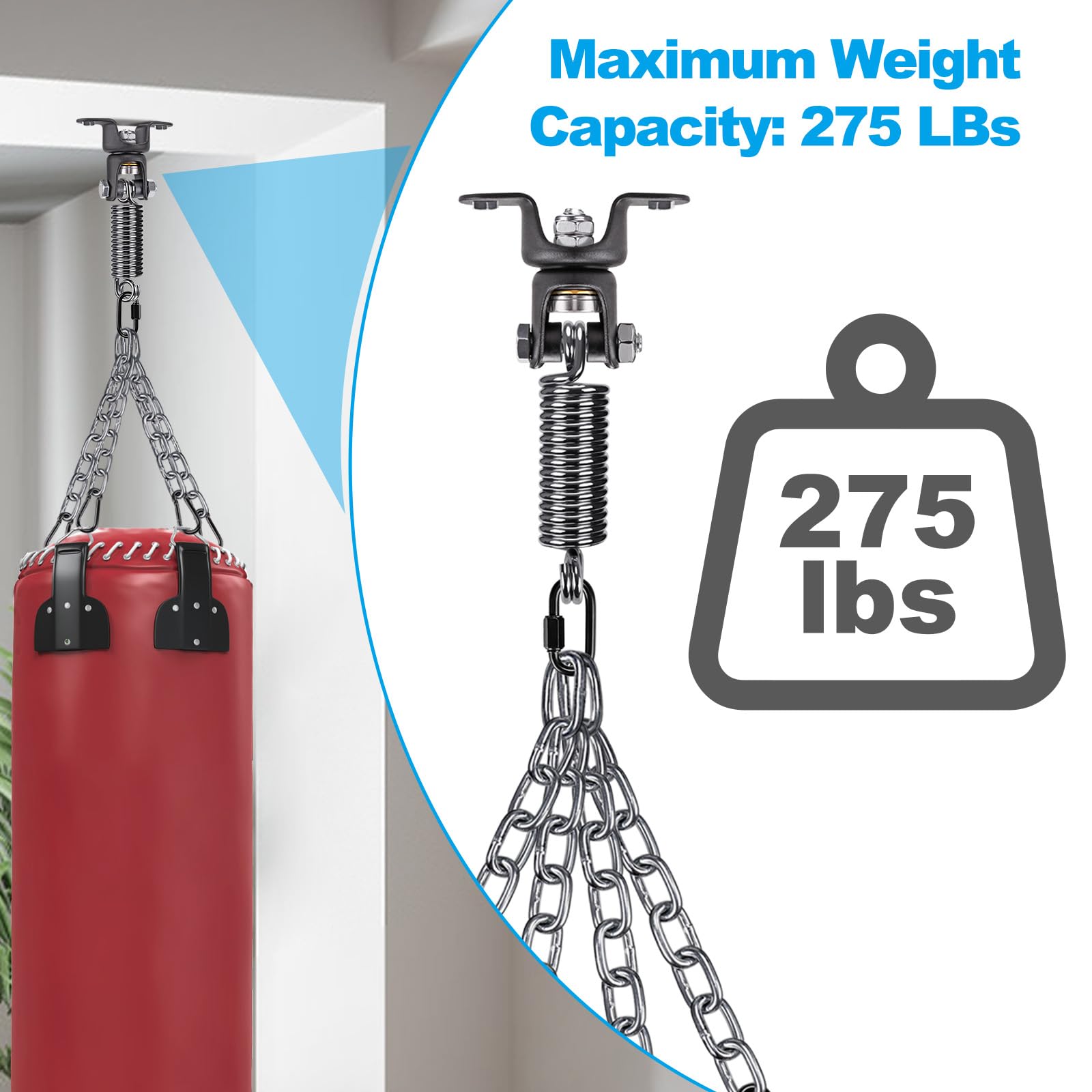 BeneLabel hanger mounted in gym showing 360-degree swivel and reduced beam stress benefit