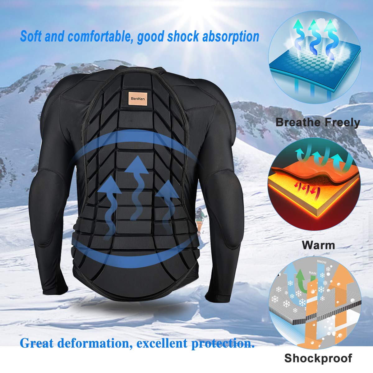 BenKen shoulder and elbow pad detail showing reinforced cushioning benefits
