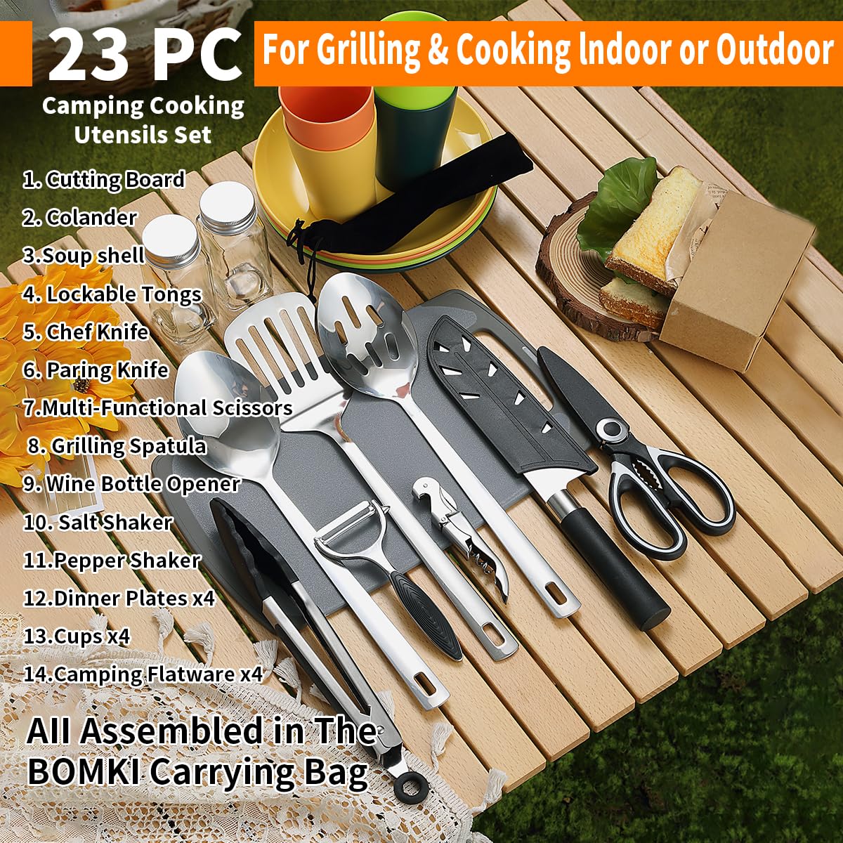 Berglander cutlery and plastic dishes arranged for four offering complete dining convenience