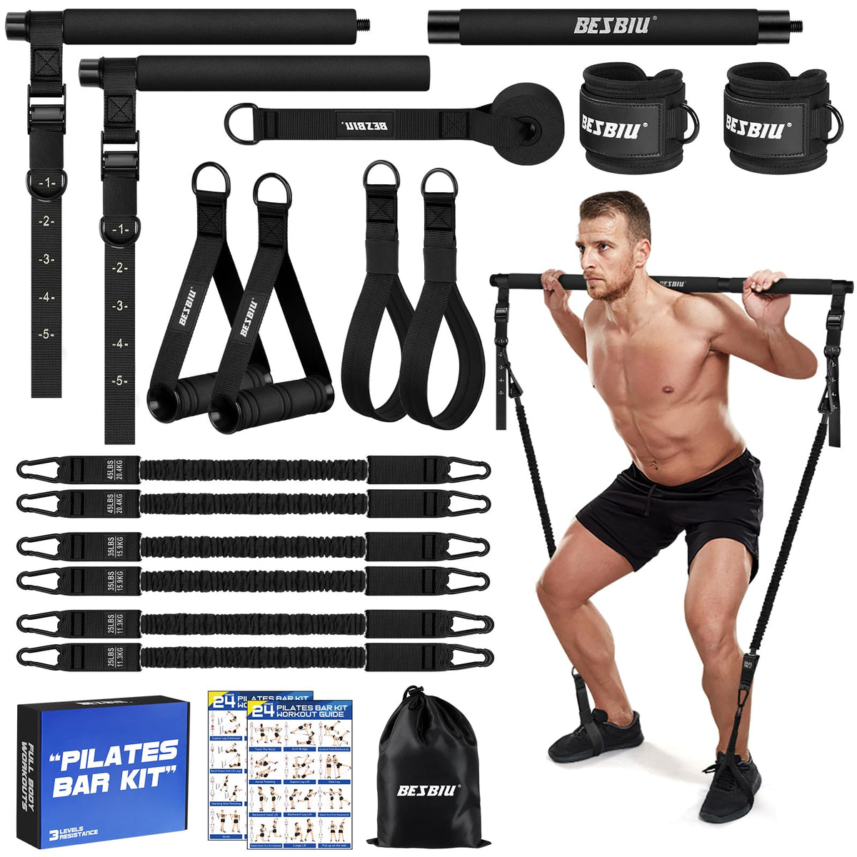 BesBiu pilates bar kit front packed showing complete set and box benefit portability