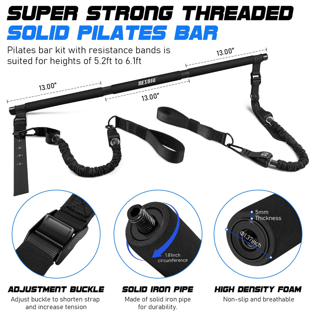 BesBiu solid steel threaded bar close-up with nitrile grip for secure comfortable hold