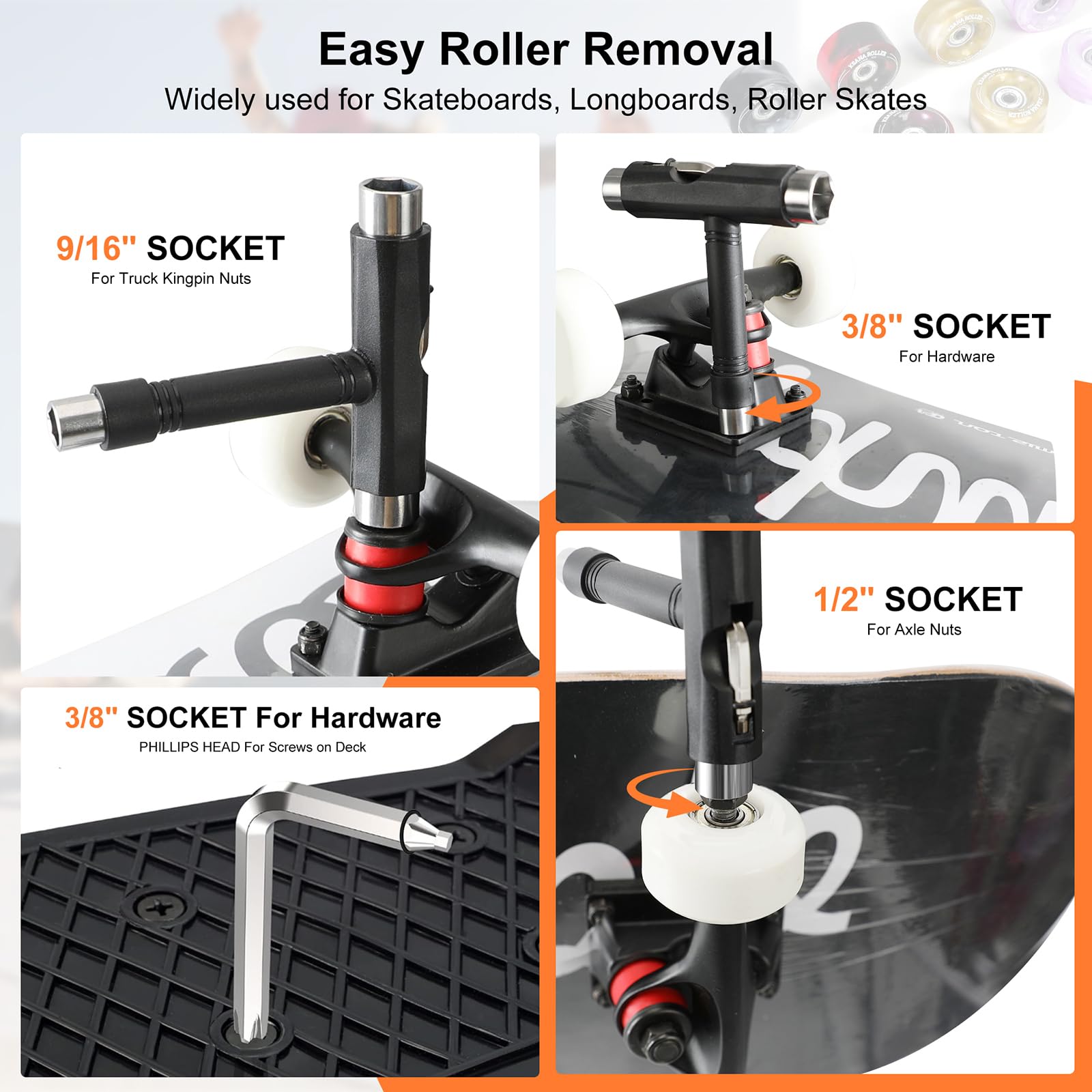 Beseetop T skate tool with hardware shown to highlight multi-function use for wheel removal and adjustments