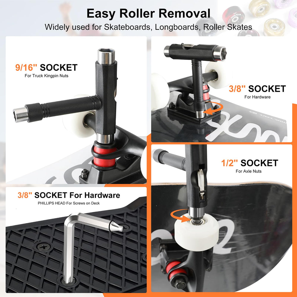 Beseetop T skate tool with hardware shown to highlight multi-function use for wheel removal and adjustments