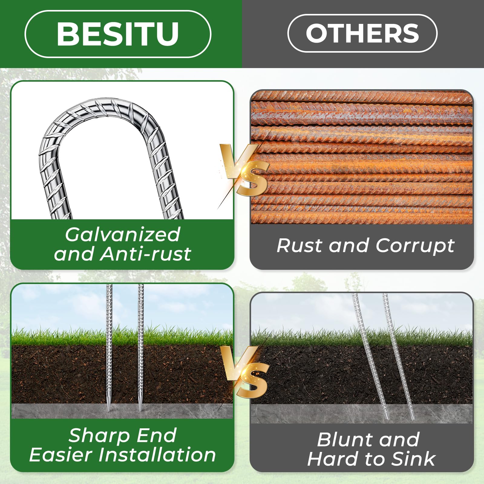 Besitu side view of U stake driven into soil demonstrating firm anchoring benefit