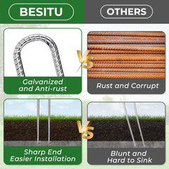 Besitu side view of U stake driven into soil demonstrating firm anchoring benefit
