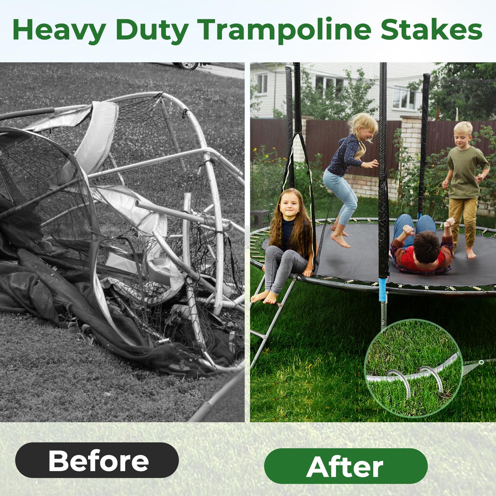 Besitu U stakes securing a trampoline leg for stability in wind benefit