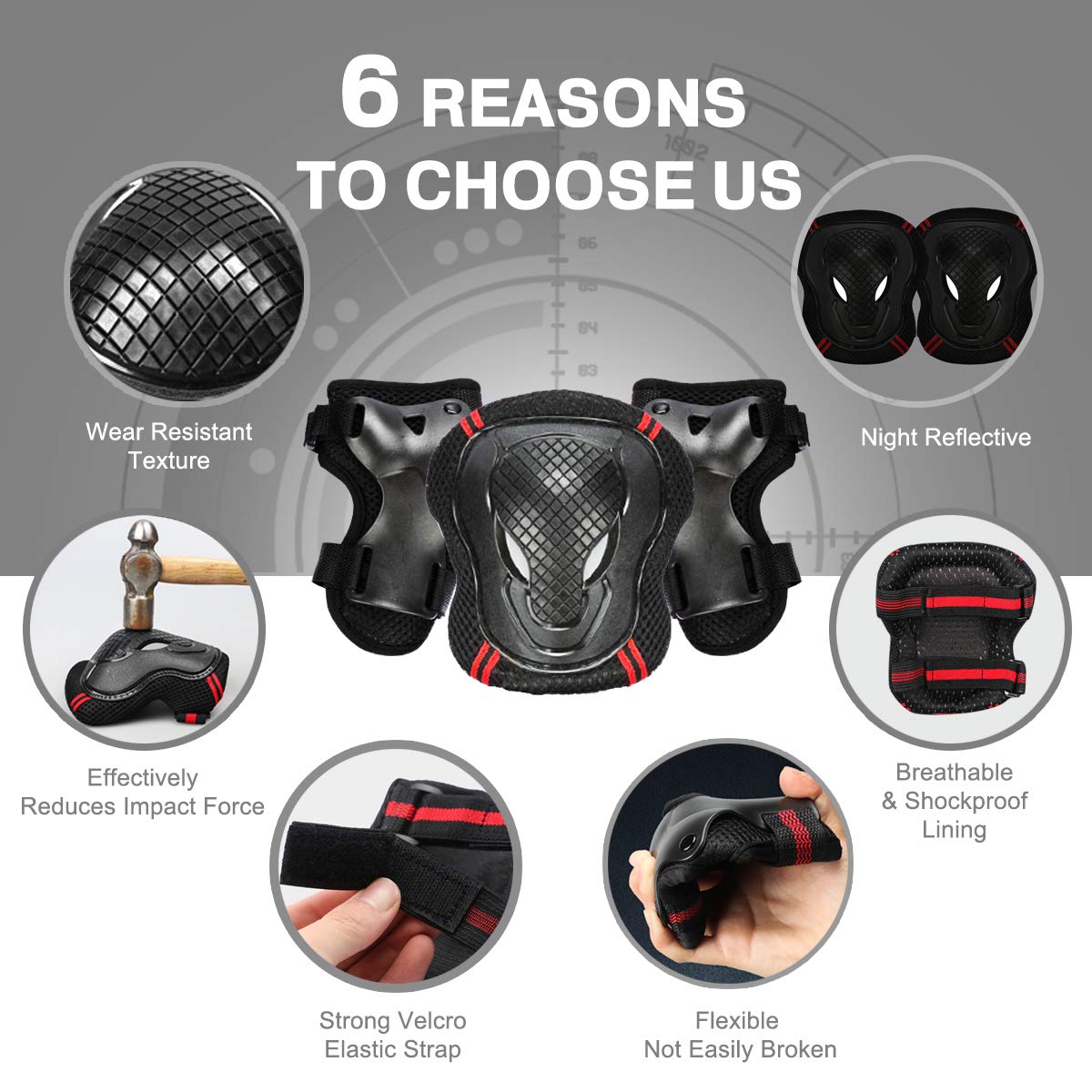 Besmall knee elbow wrist pads laid out showing full protection benefit