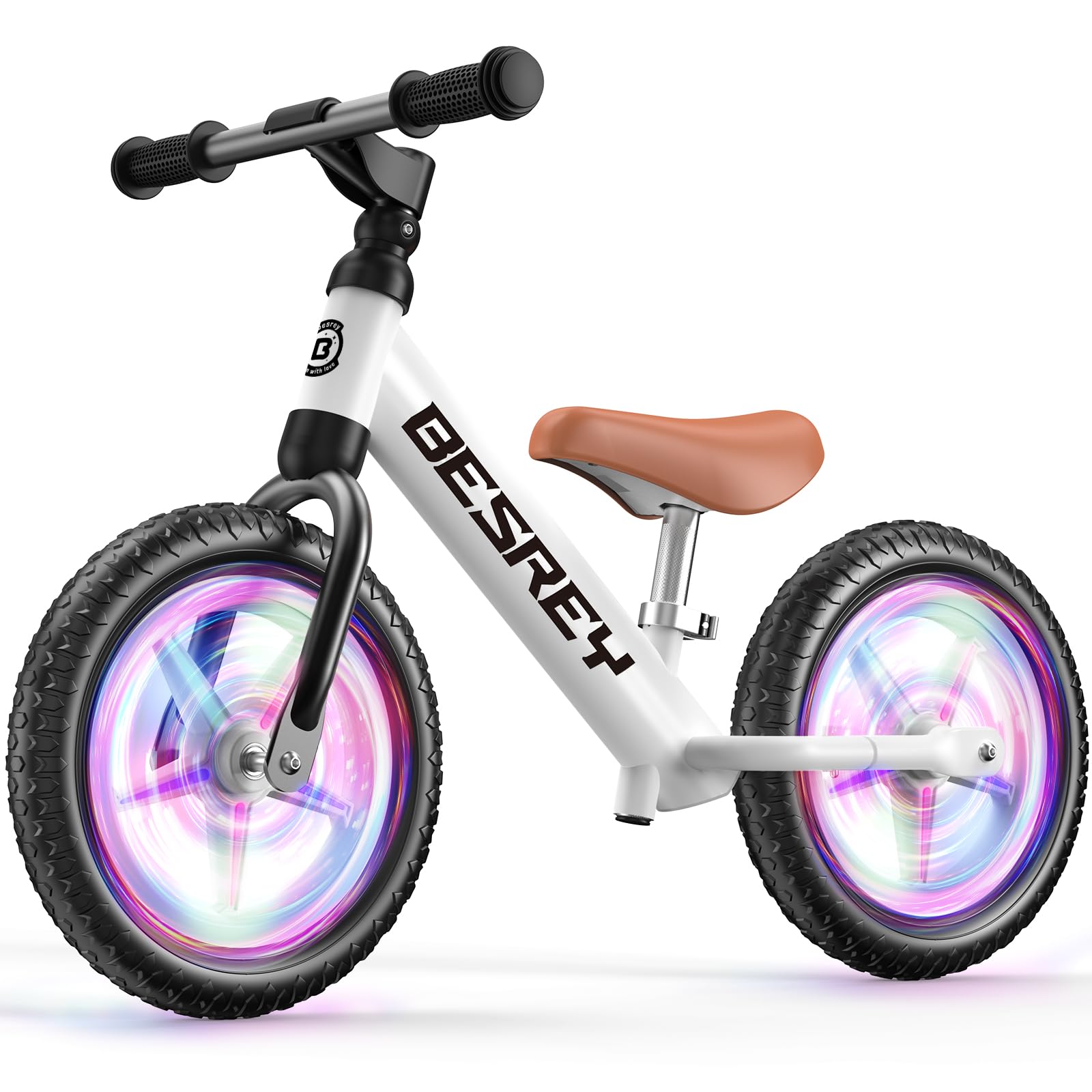 besrey front-angle balance bike showing frame and lights for durable play