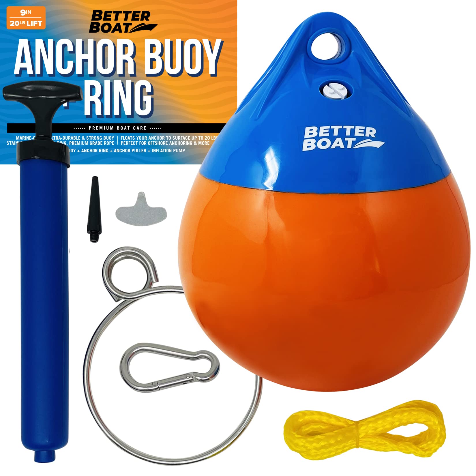 Better Boat front view of neon orange 9-inch inflatable anchor buoy showing visibility benefit