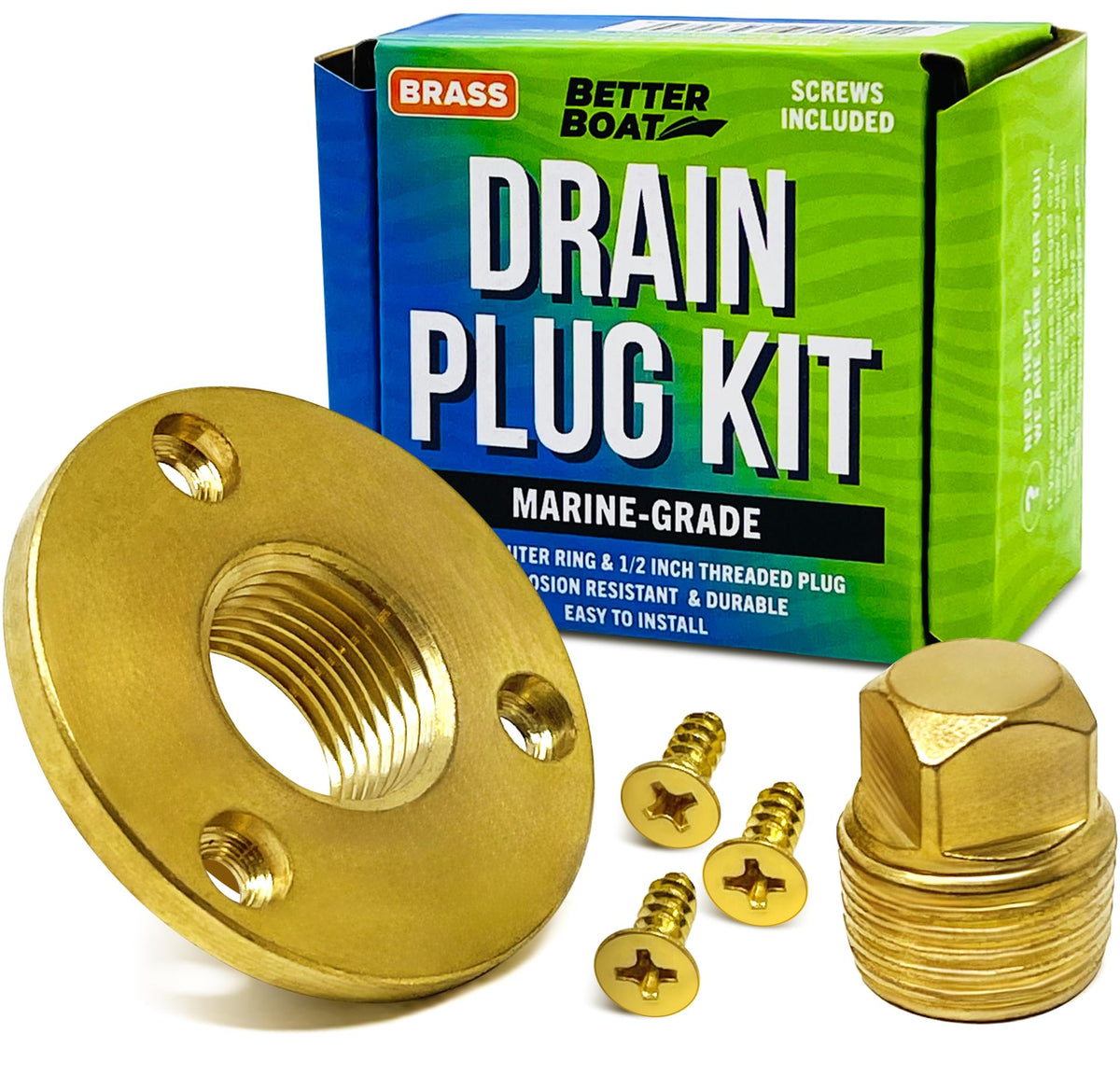 Better Boat brass drain plug front view showing secure flange and durable finish