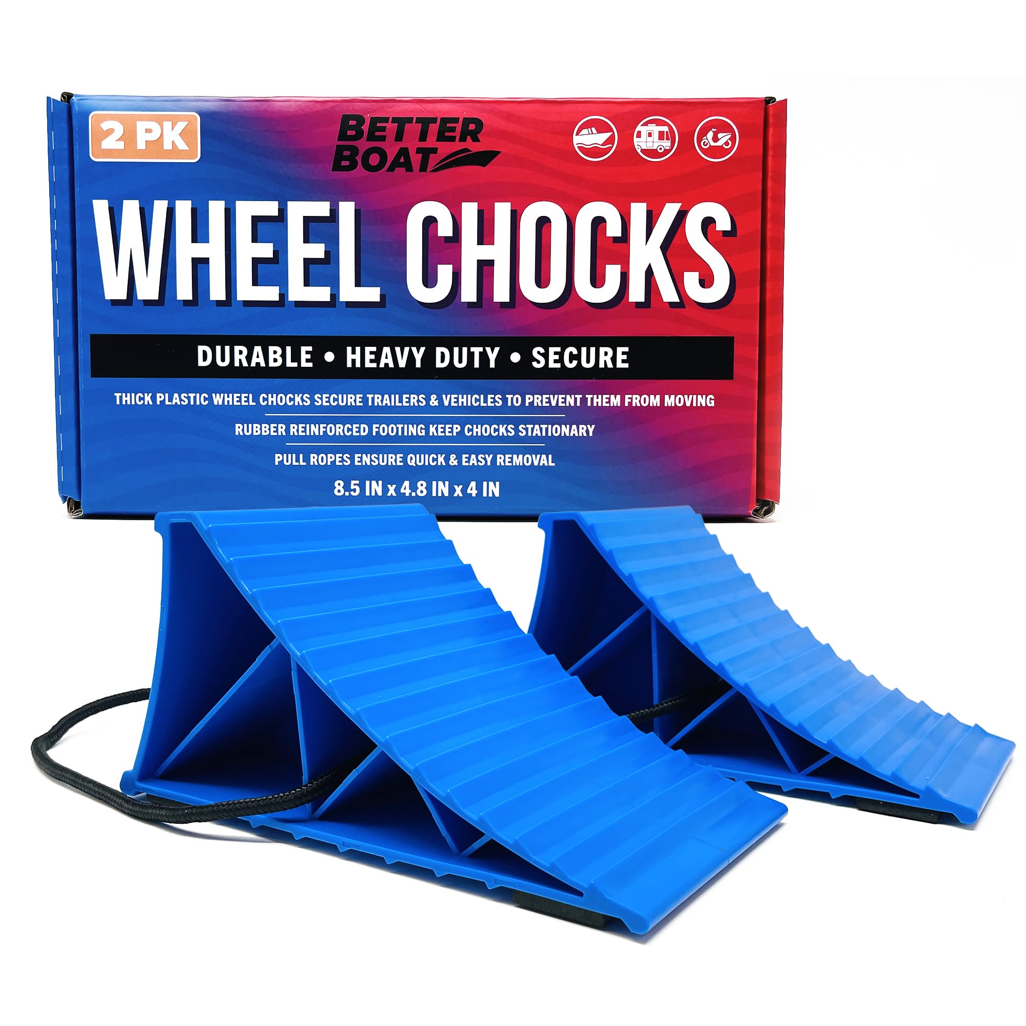 Better Boat front view of two chocks showing wedge shape and base stability for secure parking