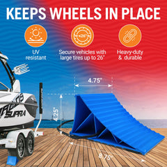 Better Boat chock in use behind boat trailer tire preventing roll on a sloped ramp