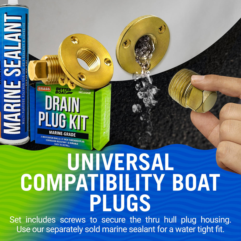 Better Boat drain plug installed on a transom demonstrating watertight seal benefit
