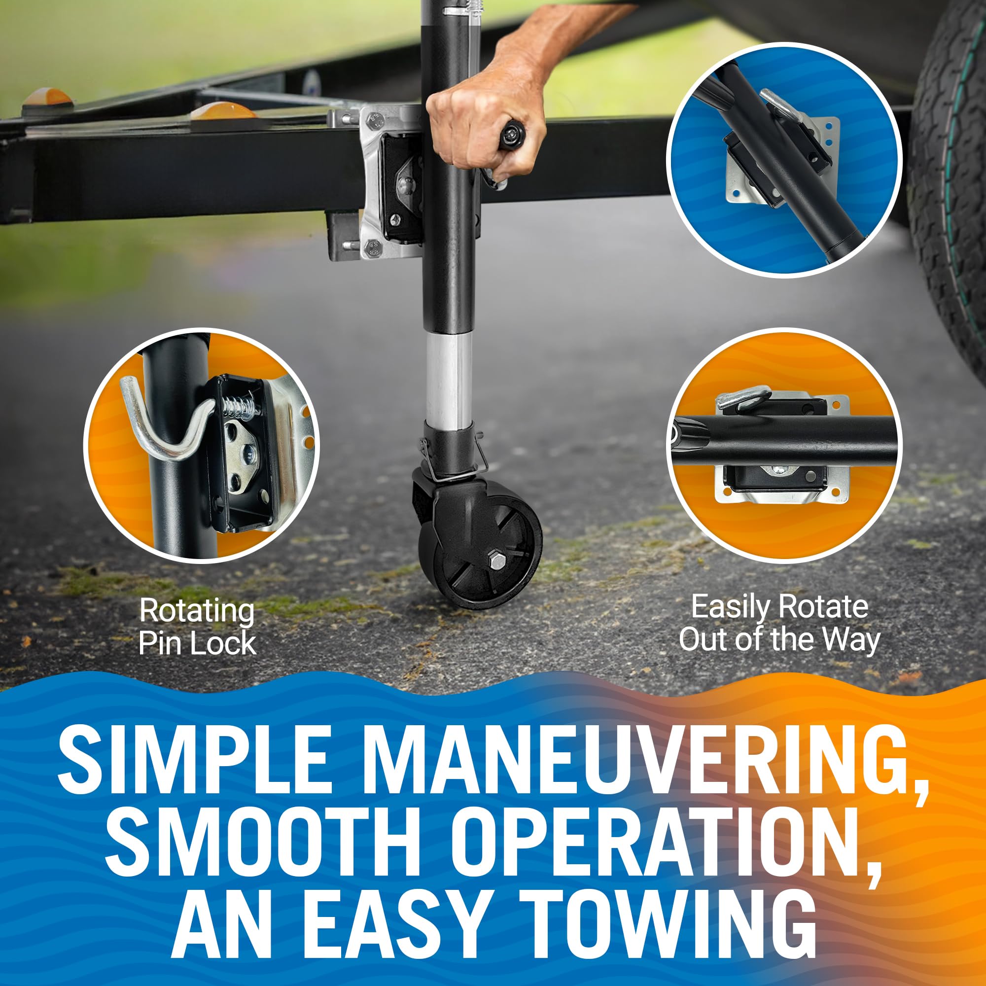 Better Boat jack folded and locked in stowed position demonstrating no-drag road clearance benefit