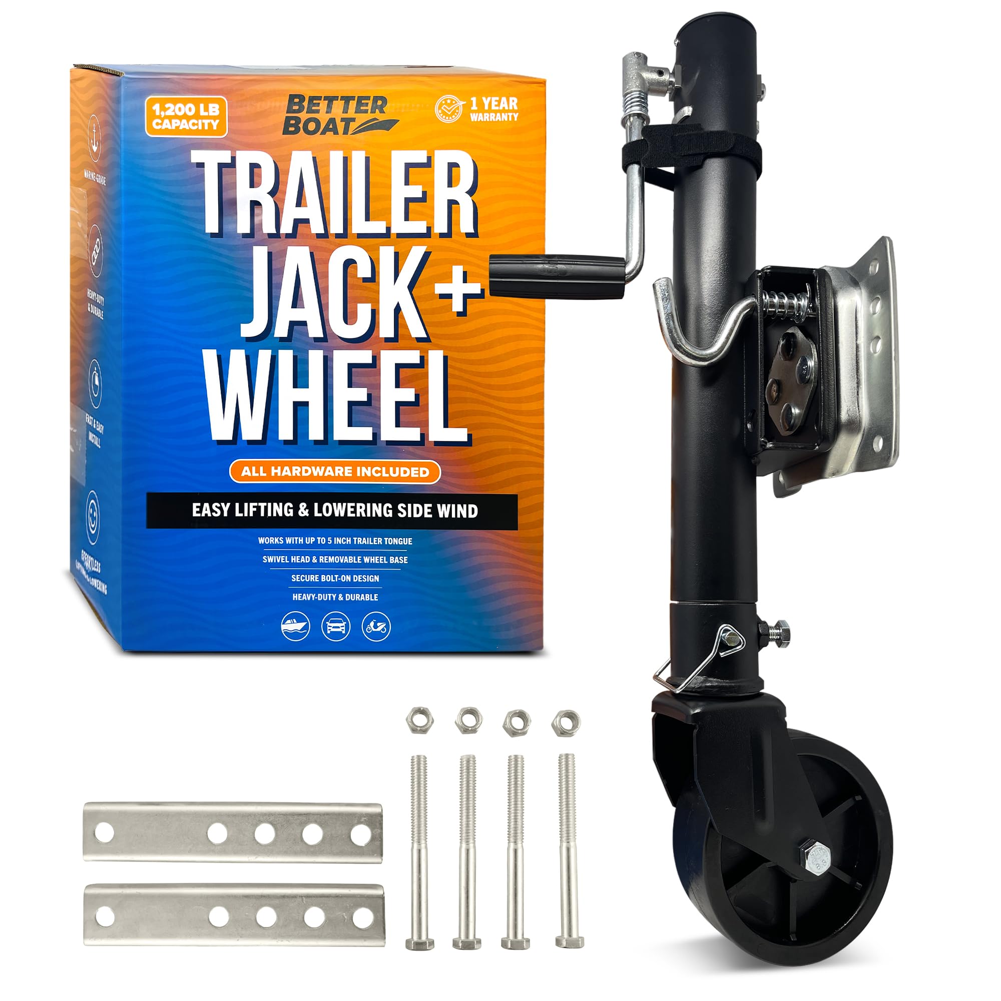 Better Boat front-mounted jack showing full unit and mounting hardware, durable and ready to install