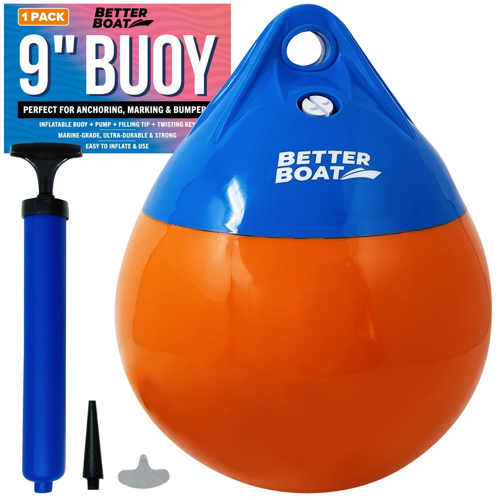 Better Boat front view of 9-inch orange buoy showing clear brand and shape benefit
