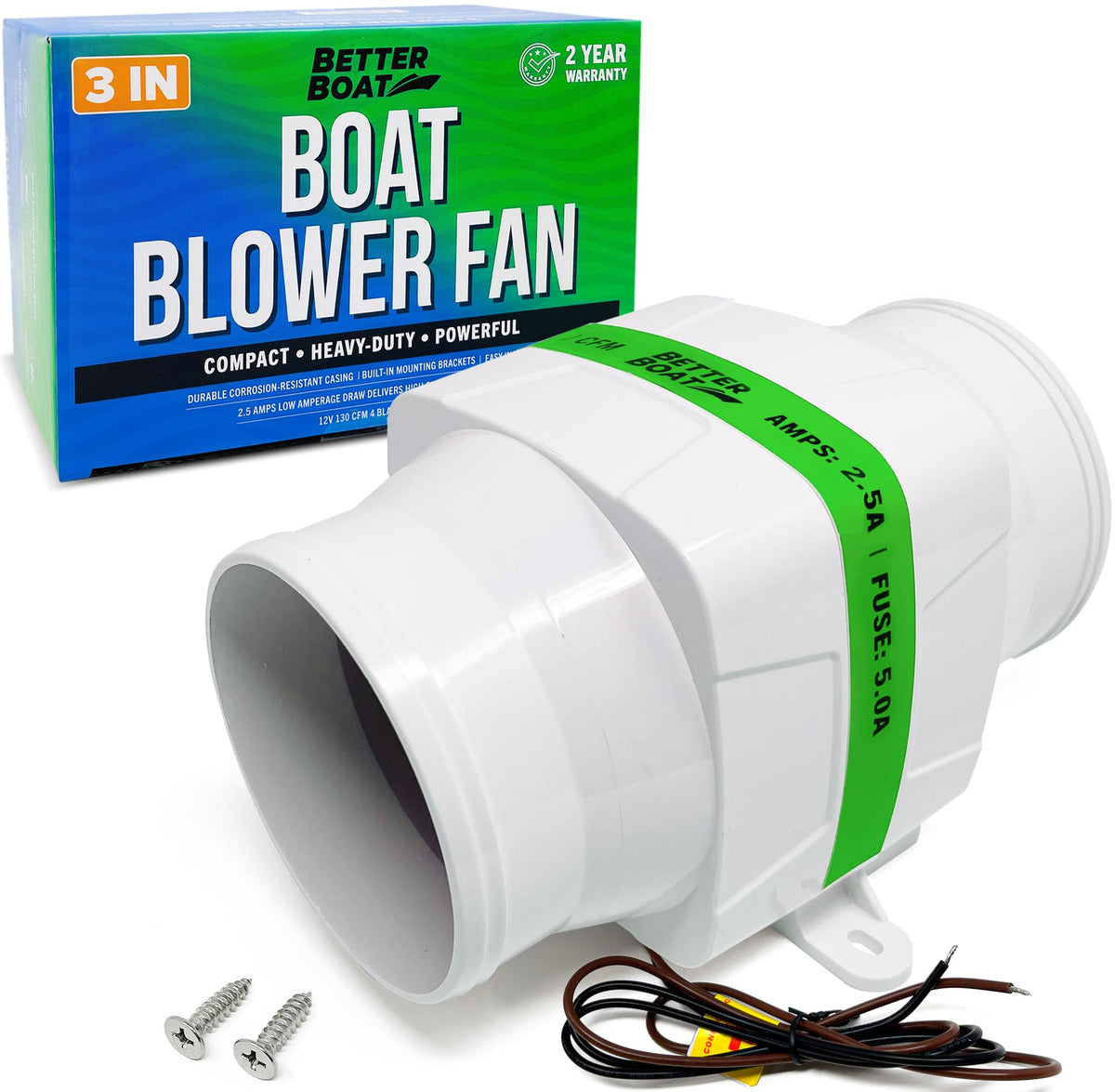 Better Boat front view of 3 inch blower showing inlet and outlet, highlights compact design and easy mounting