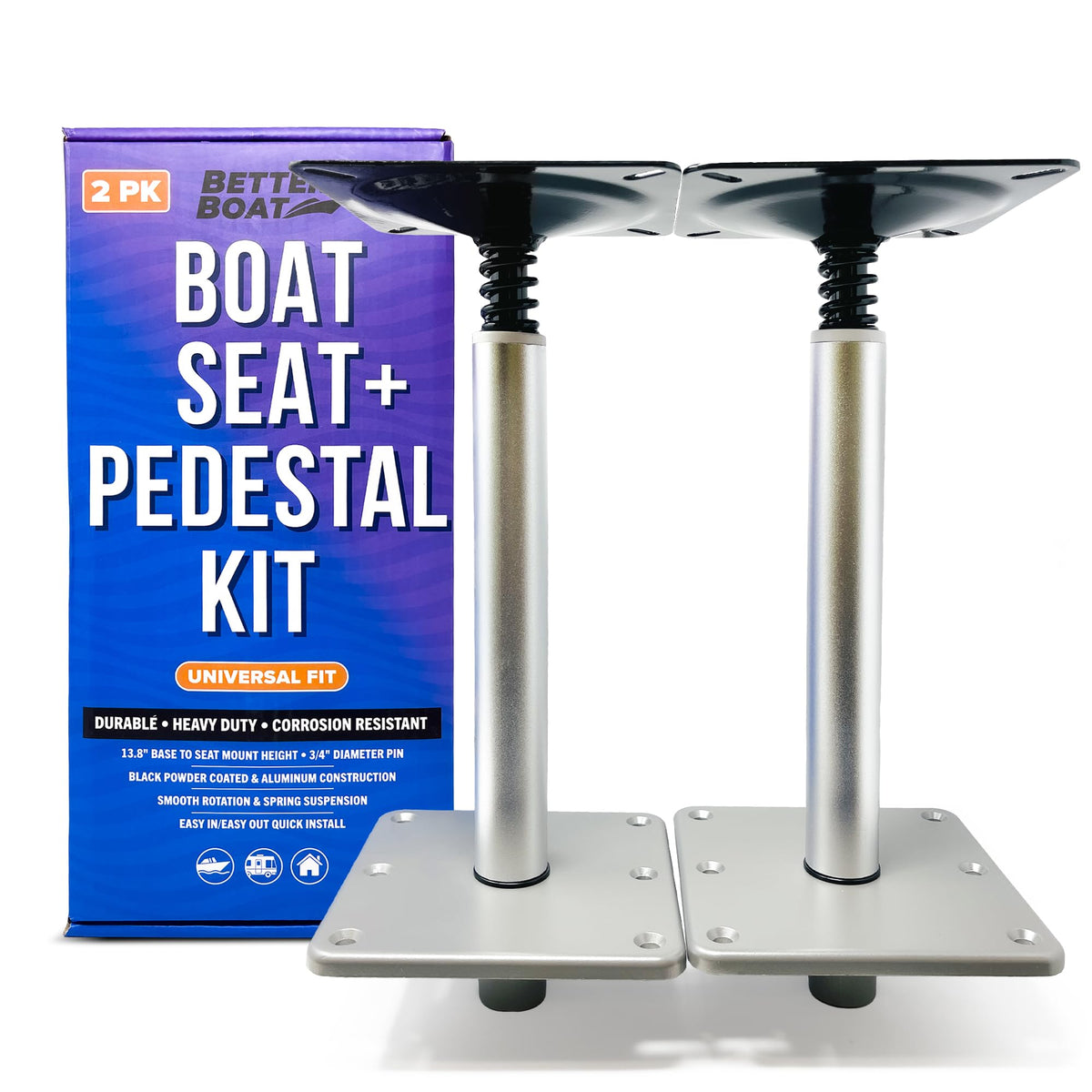 Better Boat front view pedestal kit showing mounting plate and base, durable corrosion resistance