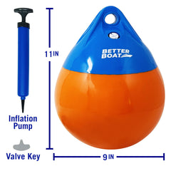 Better Boat buoy in water beside anchored small boat demonstrating visibility benefit