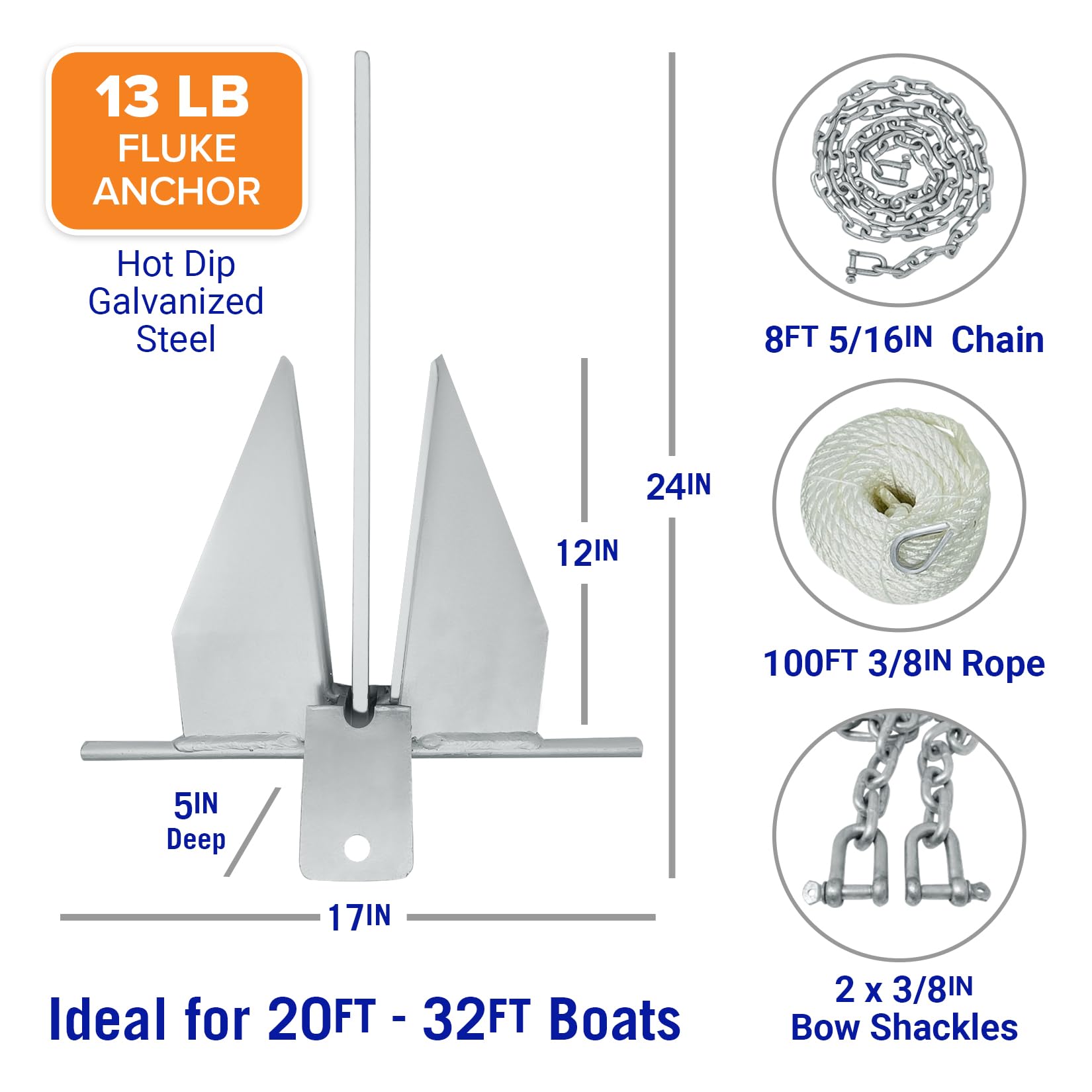 Better Boat anchor and rope beside a ruler showing 13 lb kit scale and dimensions
