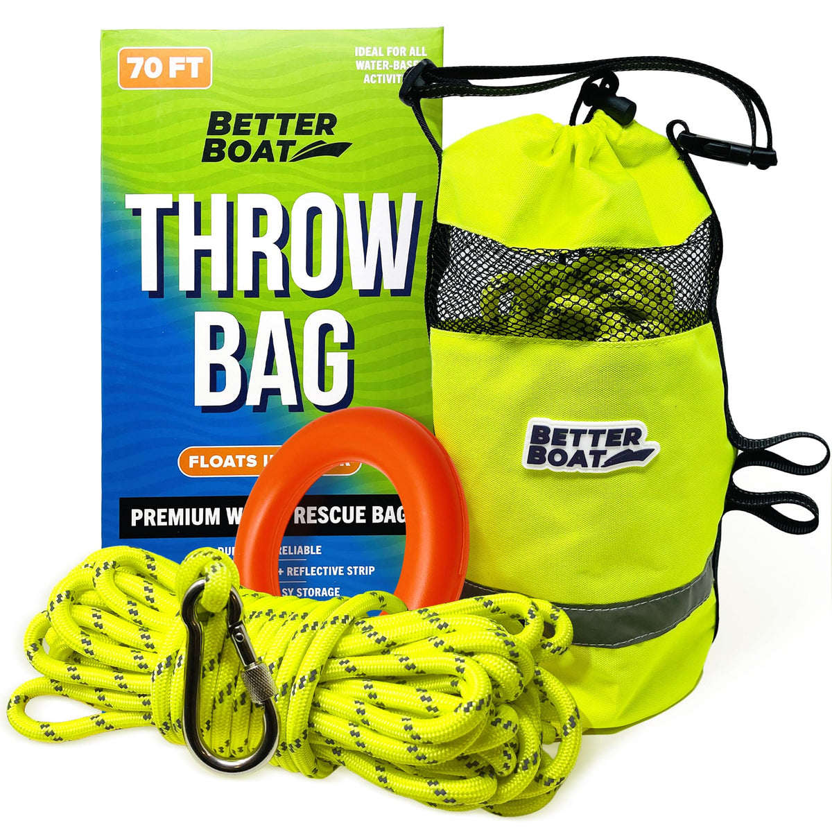 Better Boat front view of throw bag showing compact portable design and readiness