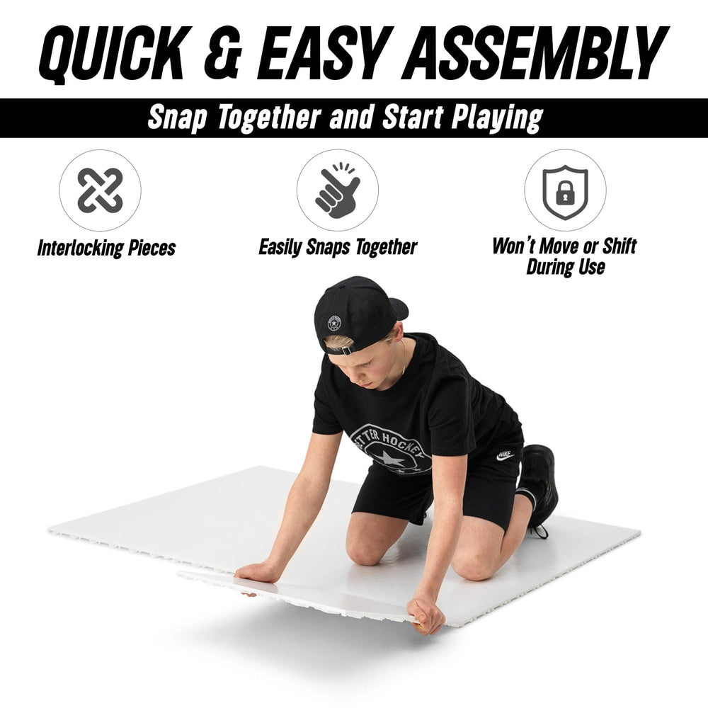 Better Hockey tile beside ruler showing 18x18 inch sizing and scale