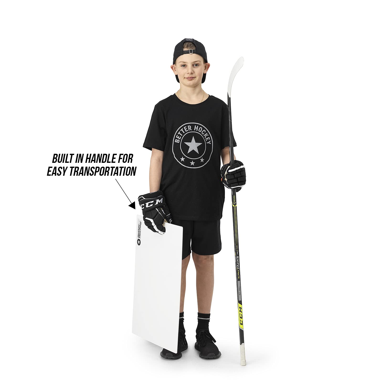 Better Hockey pad next to ruler showing 16x24 inches for easy transport benefit