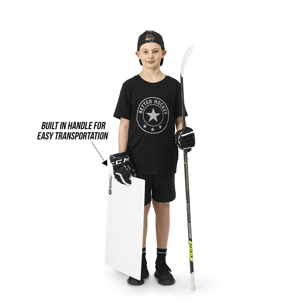 Better Hockey pad next to ruler showing 16x24 inches for easy transport benefit