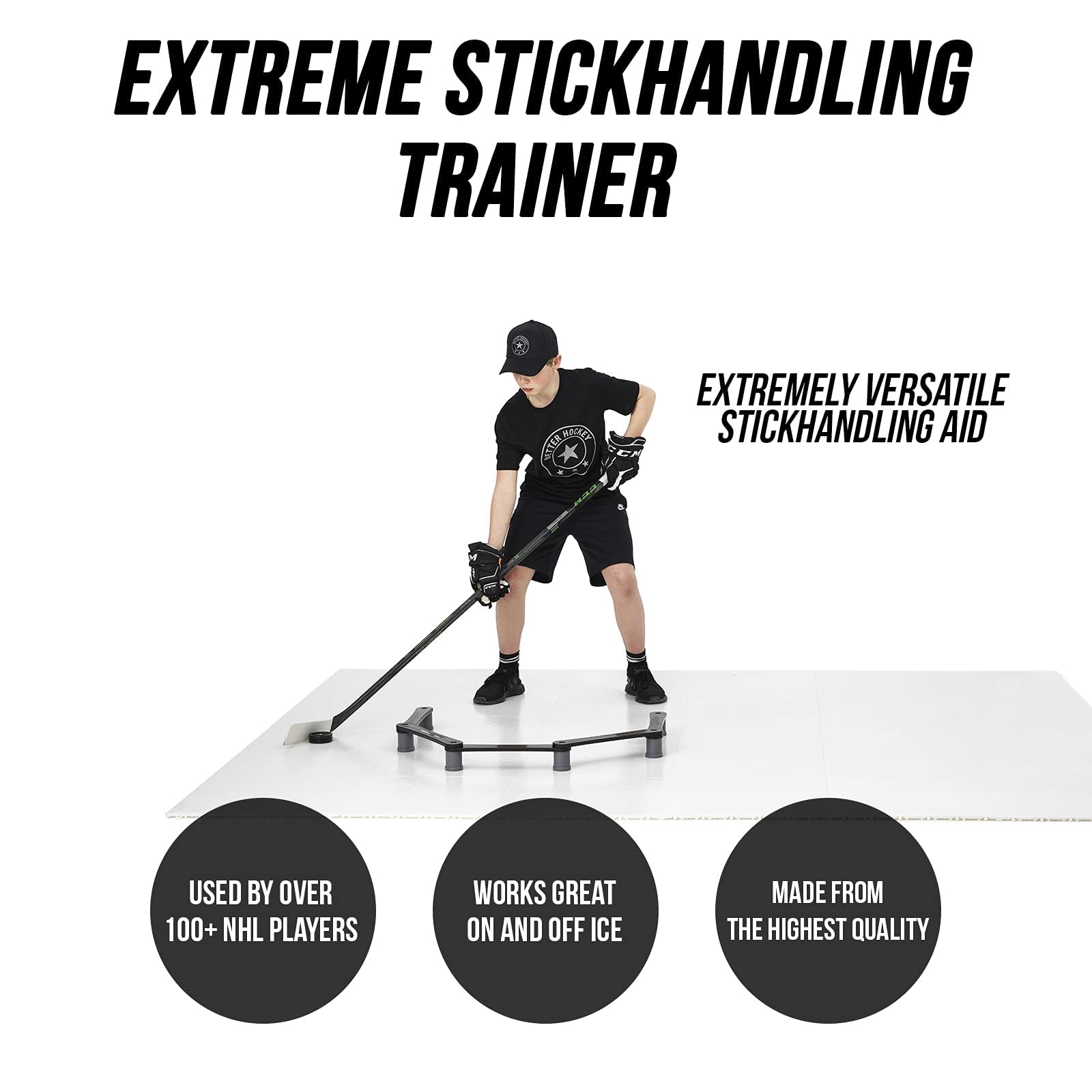 Better Hockey trainer beside hockey stick illustrating length and scale benefit