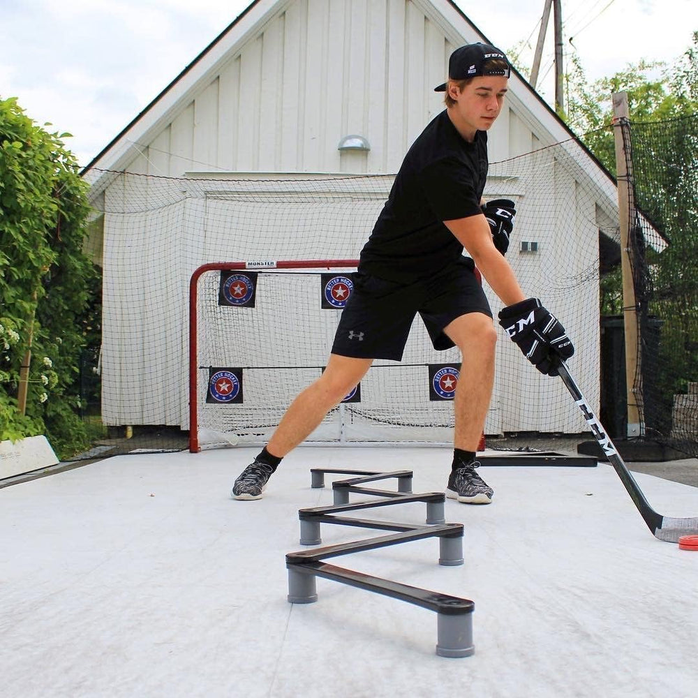 Better Hockey next to a hockey stick showing size comparison and realistic practice benefit