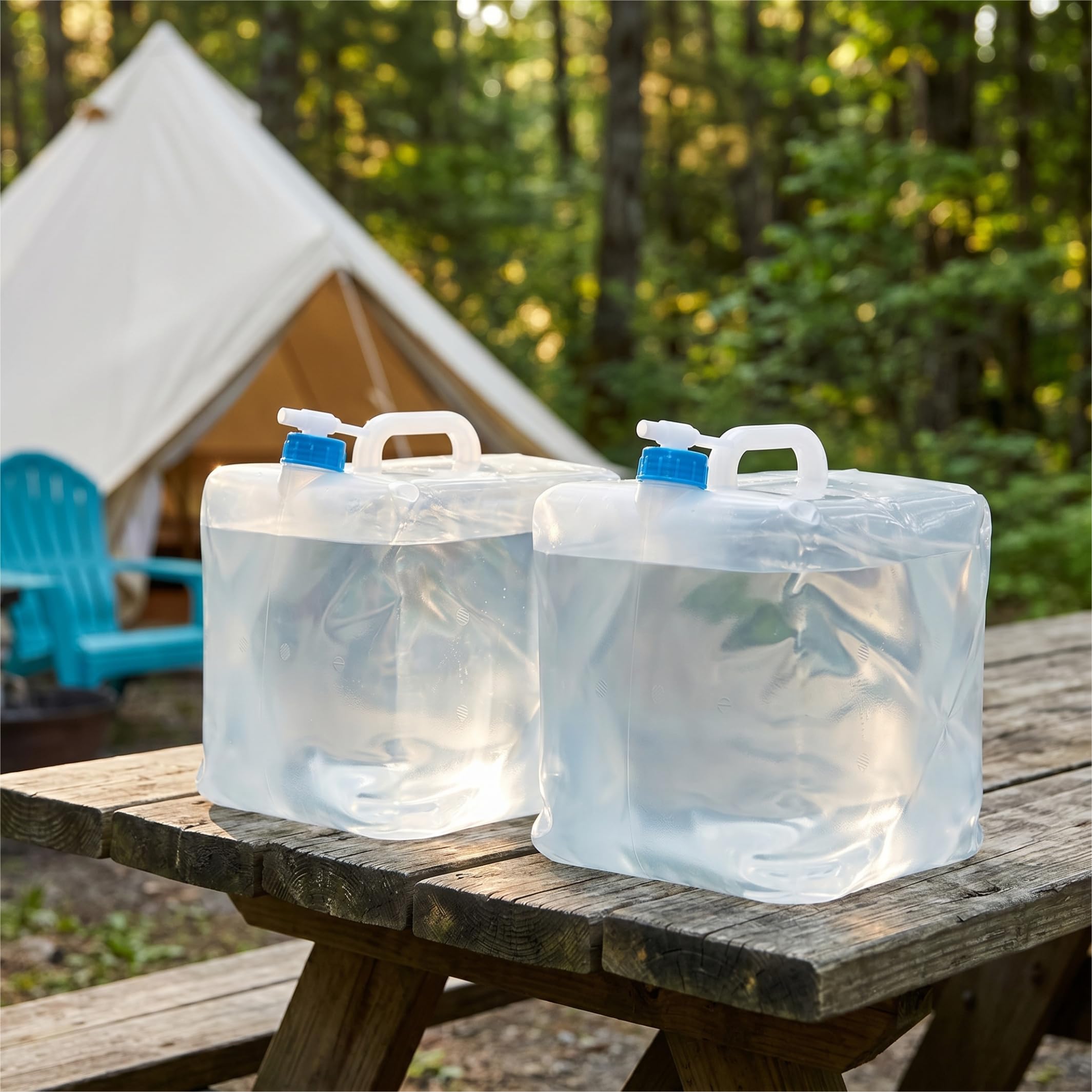 BEWBBAT jugs in camping setting showing practical outdoor use