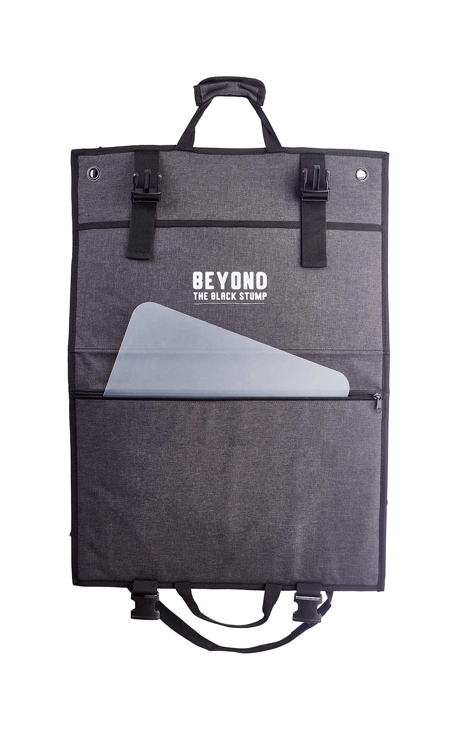 Beyond the Black Stump organizer beside a water bottle to show compact scale and portability