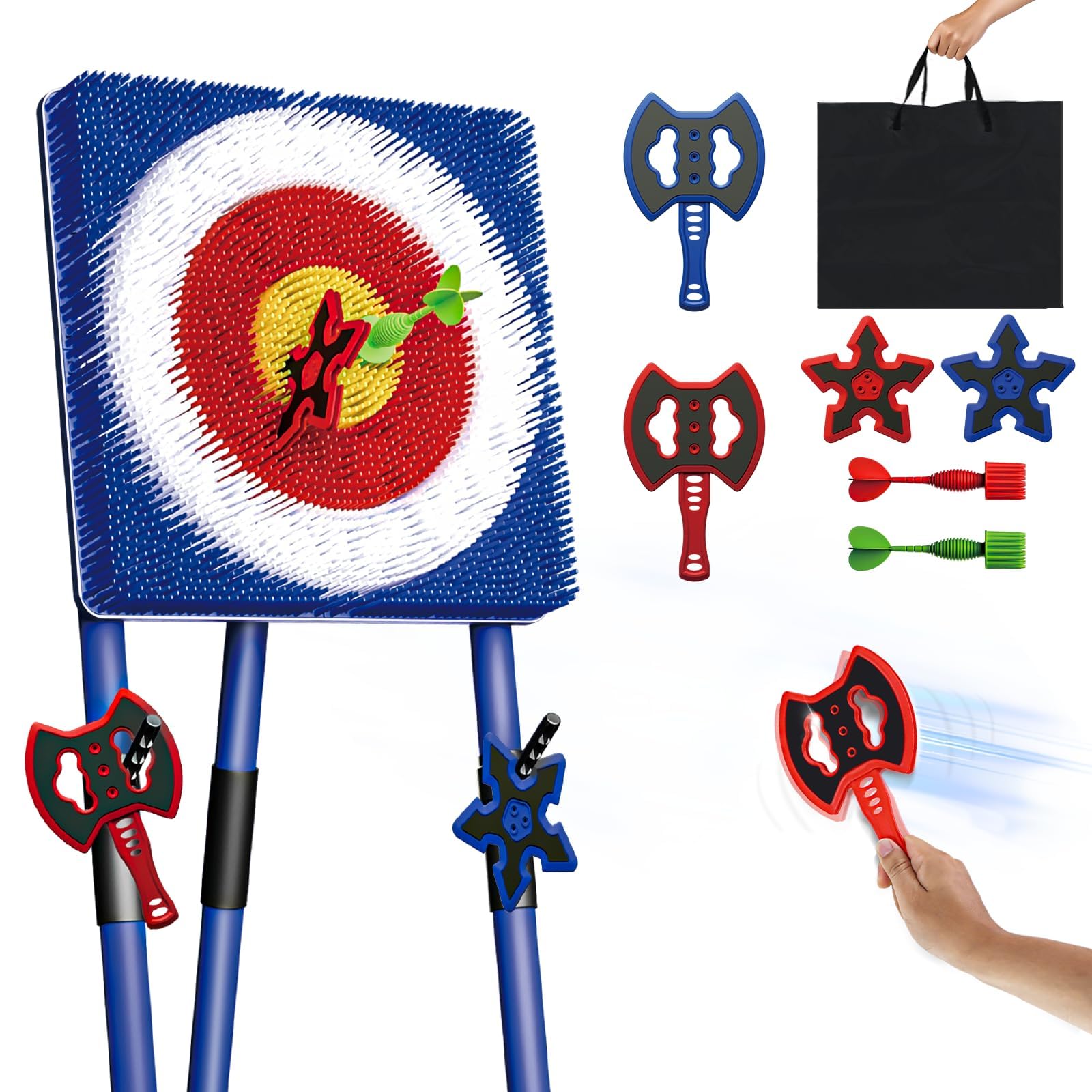 Bghdas front packaging showing complete axe throwing set and durable frame benefit