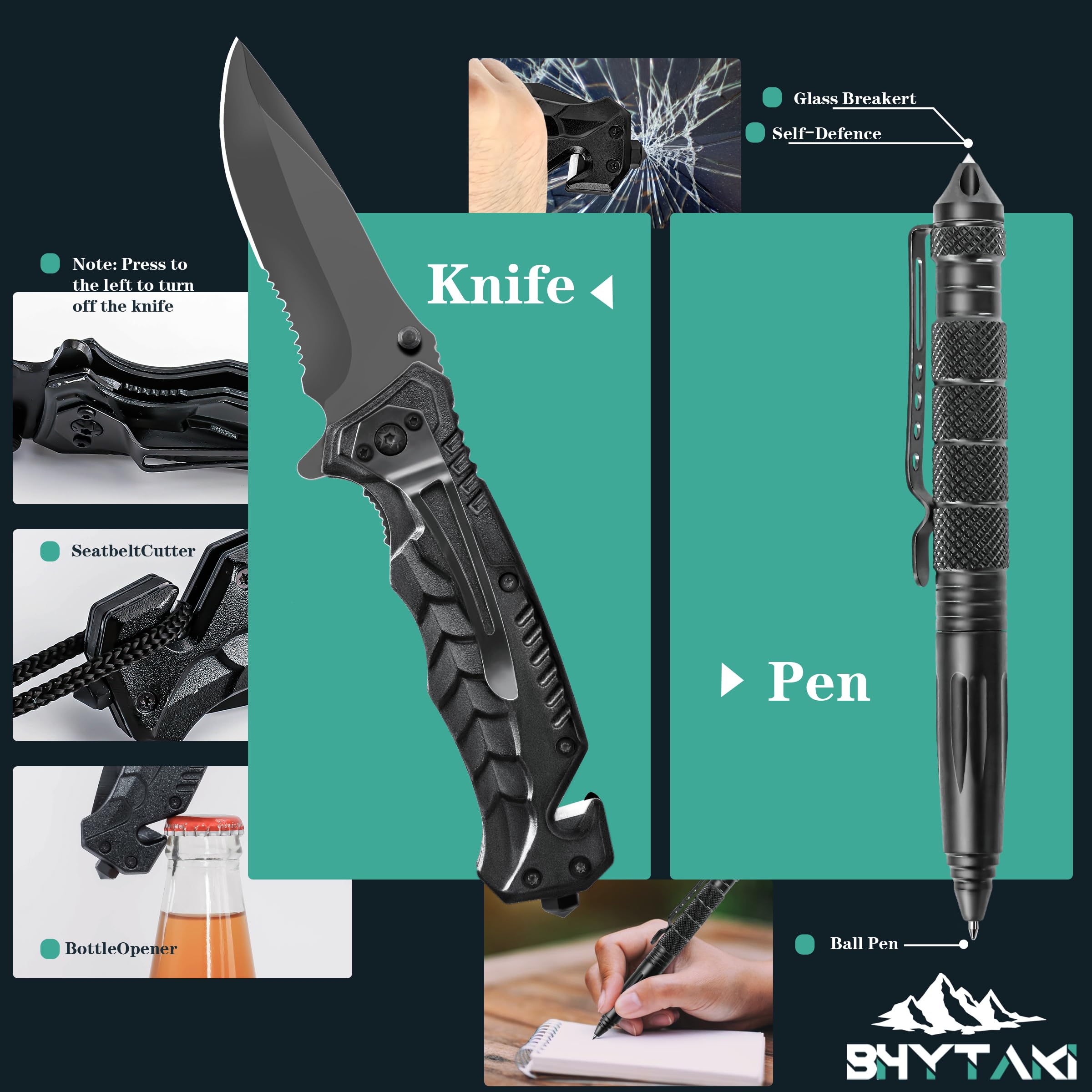 BHYTAKI close-up of folding knife blade and geared buckle for secure use