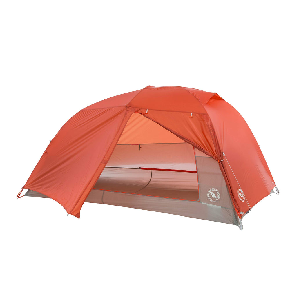 Big Agnes tent front exterior in orange showing roomy entrance and weather protection