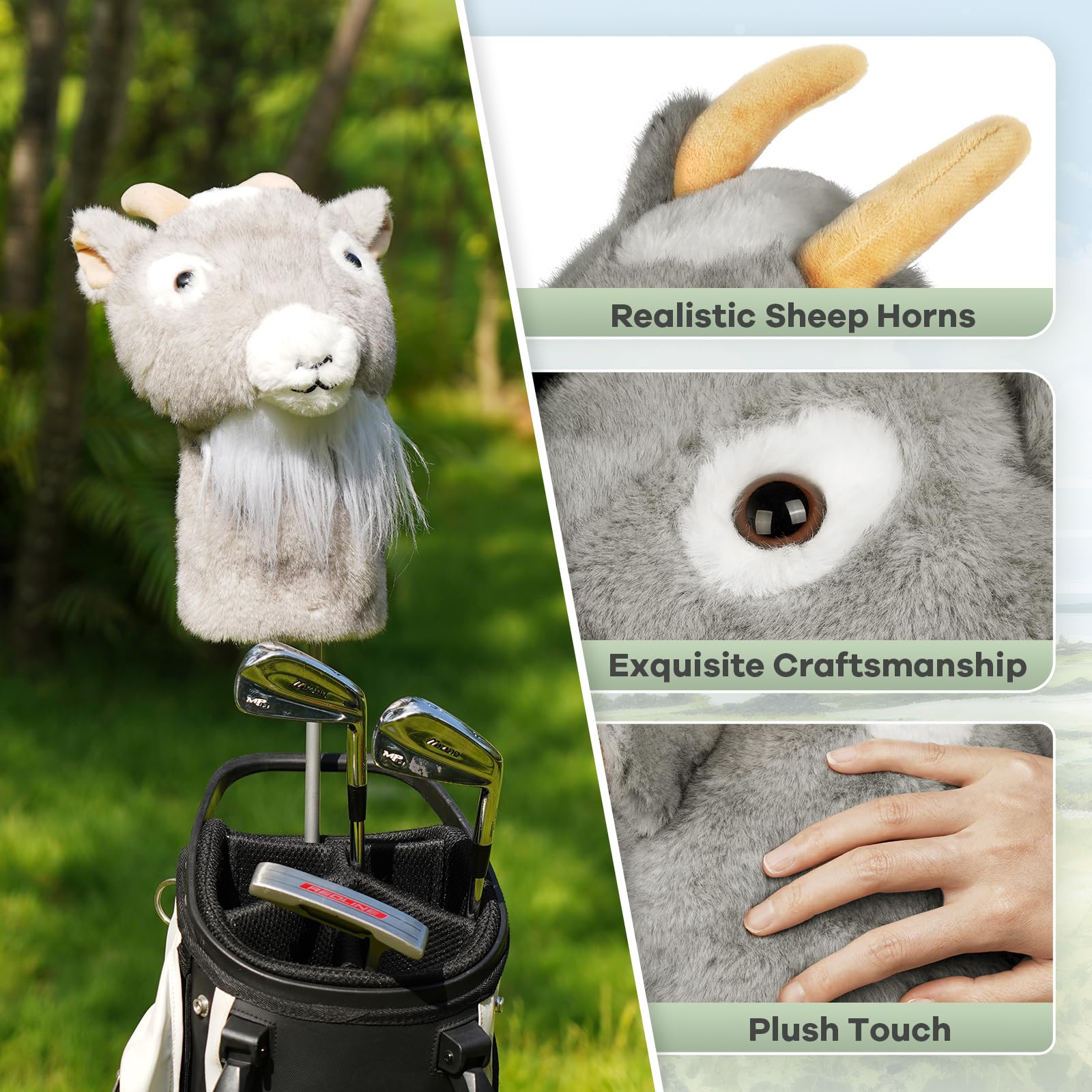 Big Crazy goat headcover long neck close-up for secure fit and stability