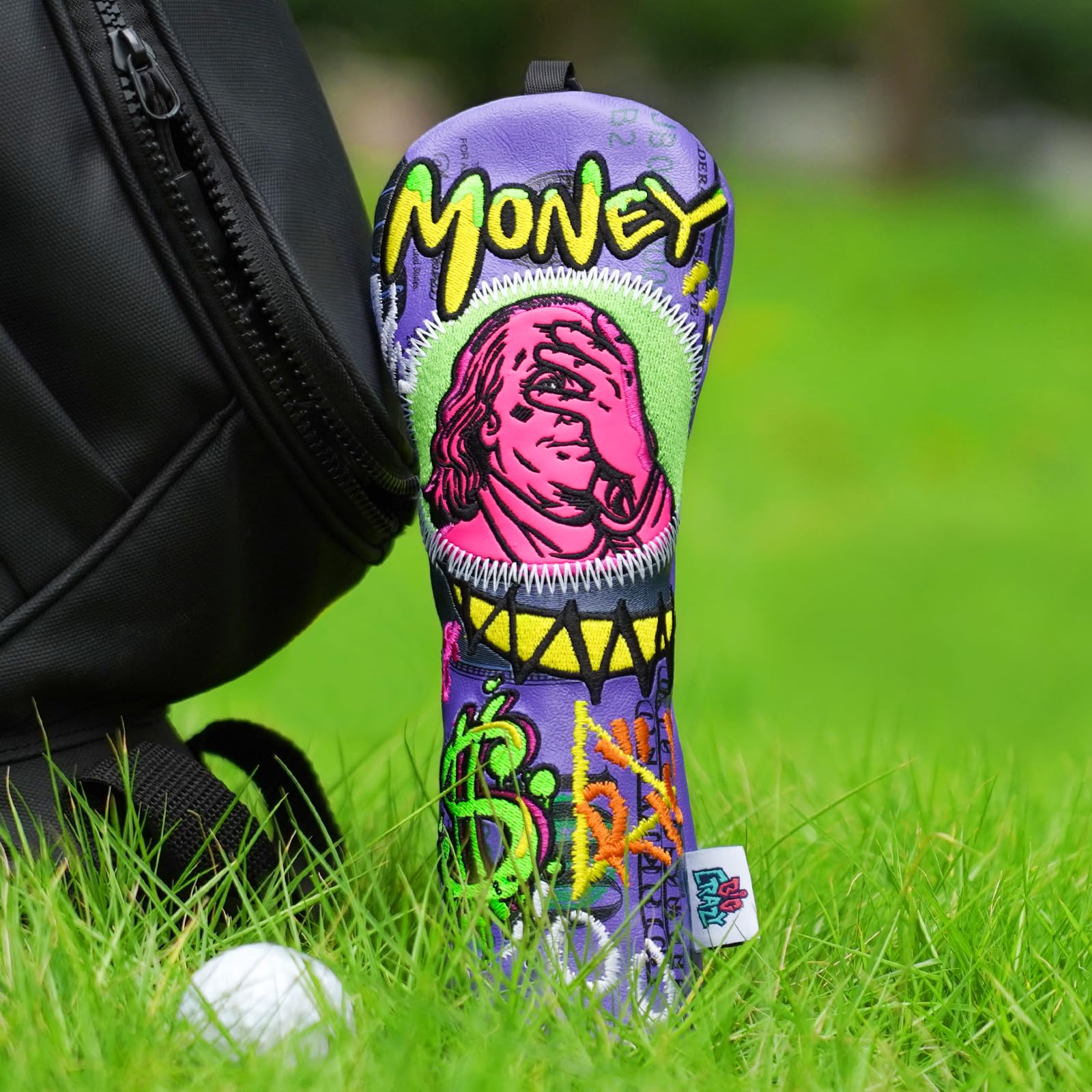 Big Crazy covers on golf bag lifestyle shot showing easy transport benefit