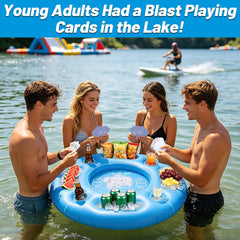 Biggun inflatable table in pool with people playing showing enhanced social fun benefit