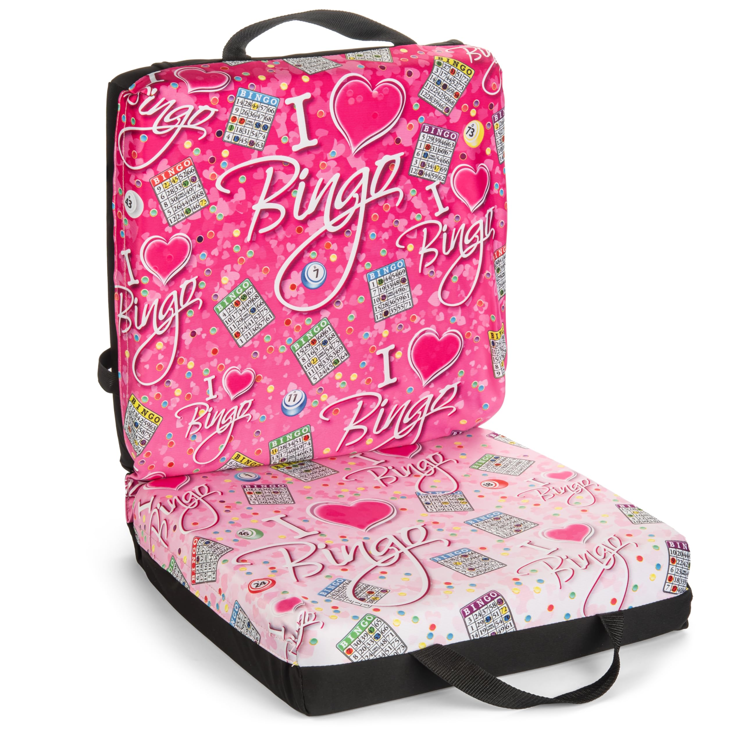 Bingo Innovation front view seat cushion showing pink and black pattern and comfort