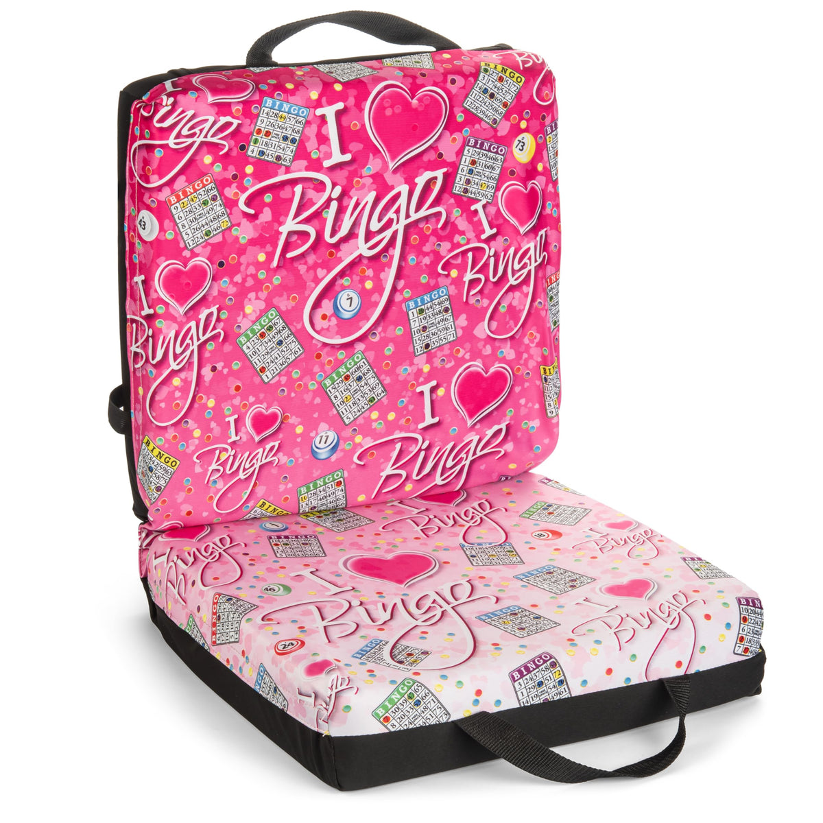 Bingo Innovation front view seat cushion showing pink and black pattern and comfort