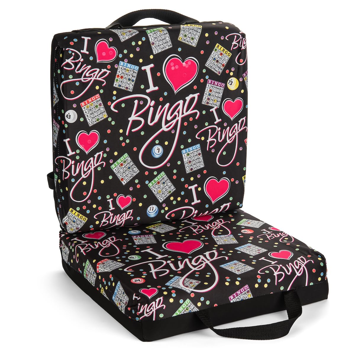 Bingo Innovation front view showing bold bingo-themed cushion pattern and bright visual appeal
